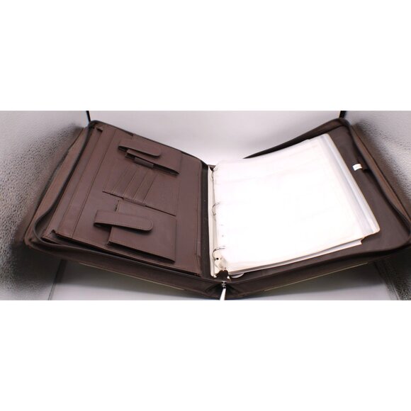 Day Runner Briefcase Planner Organizer Leather Canvas Zipper Handle Brown Green - Picture 5 of 14